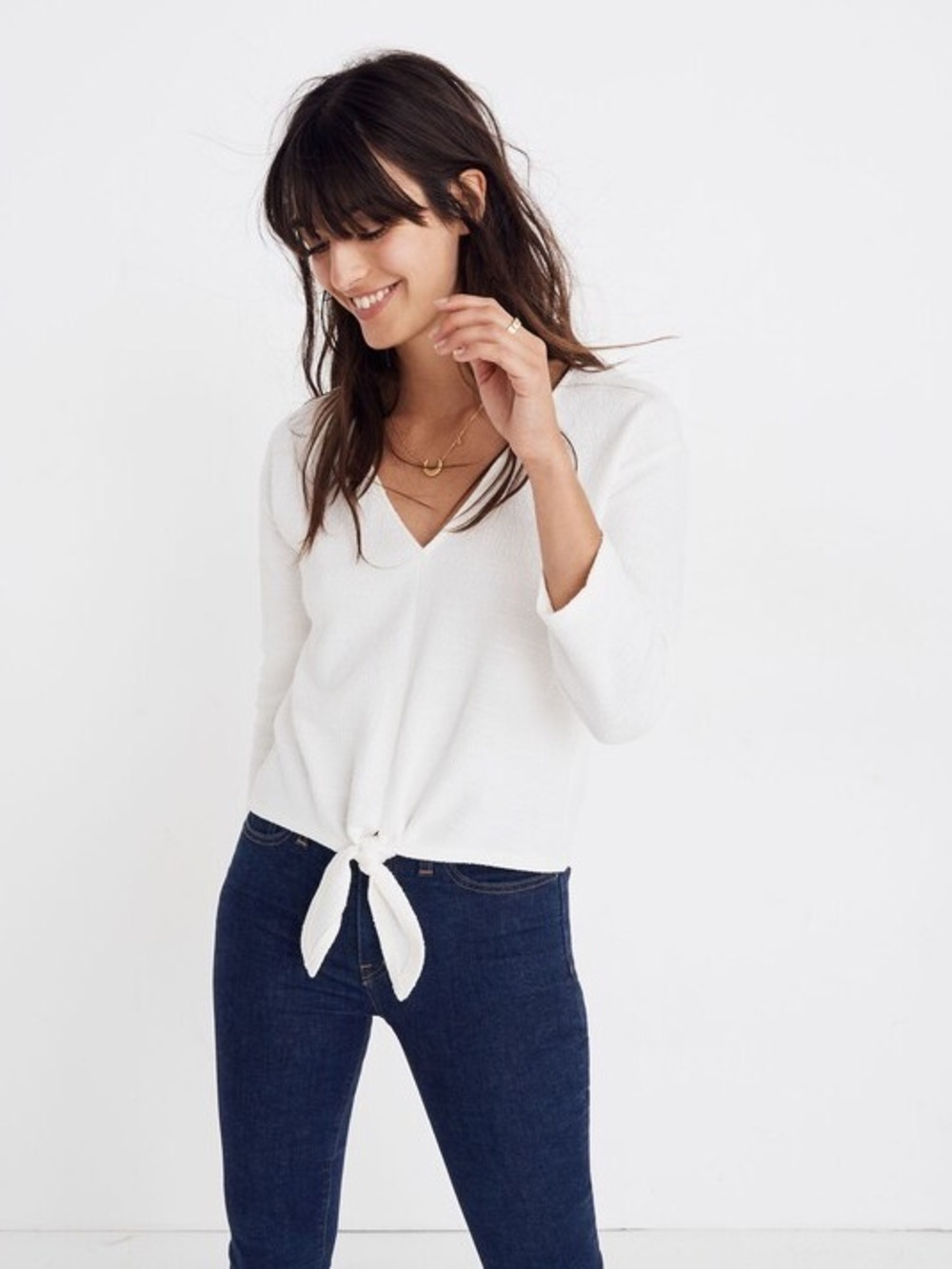 Madewell Texture & Thread Long Sleeve Textured Tie Front Top Antique Cream Small